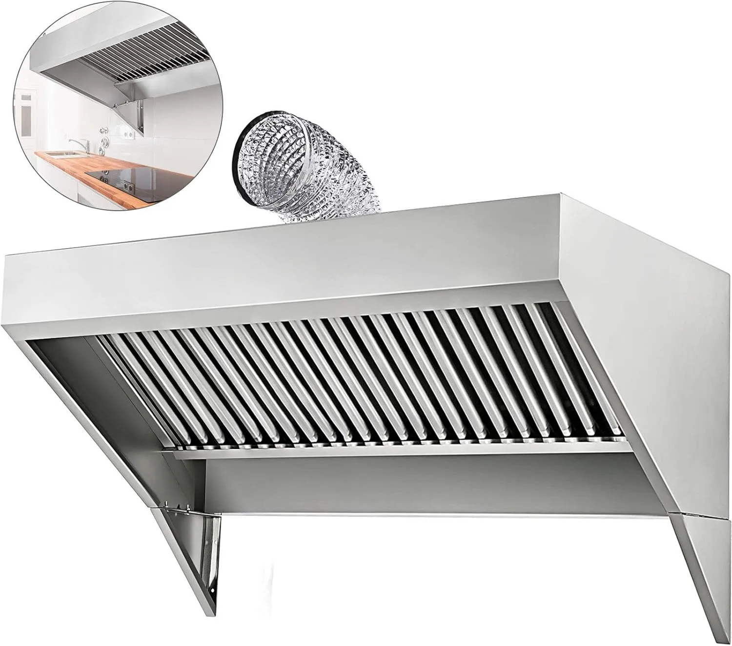 Commercial stainless steel exhaust hood for concession trailer ventilation.