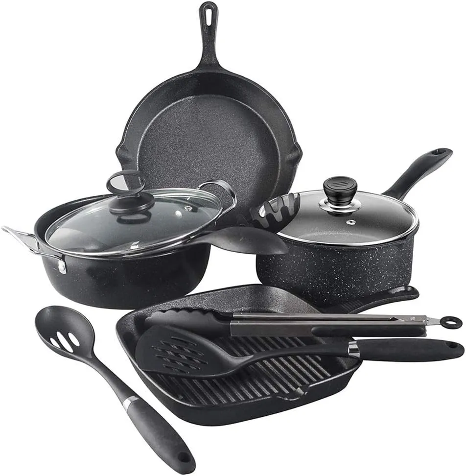 Complete nonstick cookware set including frying pans, saucepans, steak pans, and kitchen utensils.