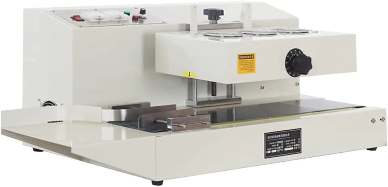 Continuous horizontal aluminum sealing machine with adjustable temperature for industrial packaging.
