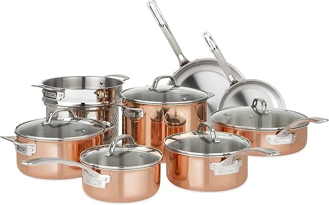 Premium 13-piece stainless steel and copper Viking cookware set with pots and pans.