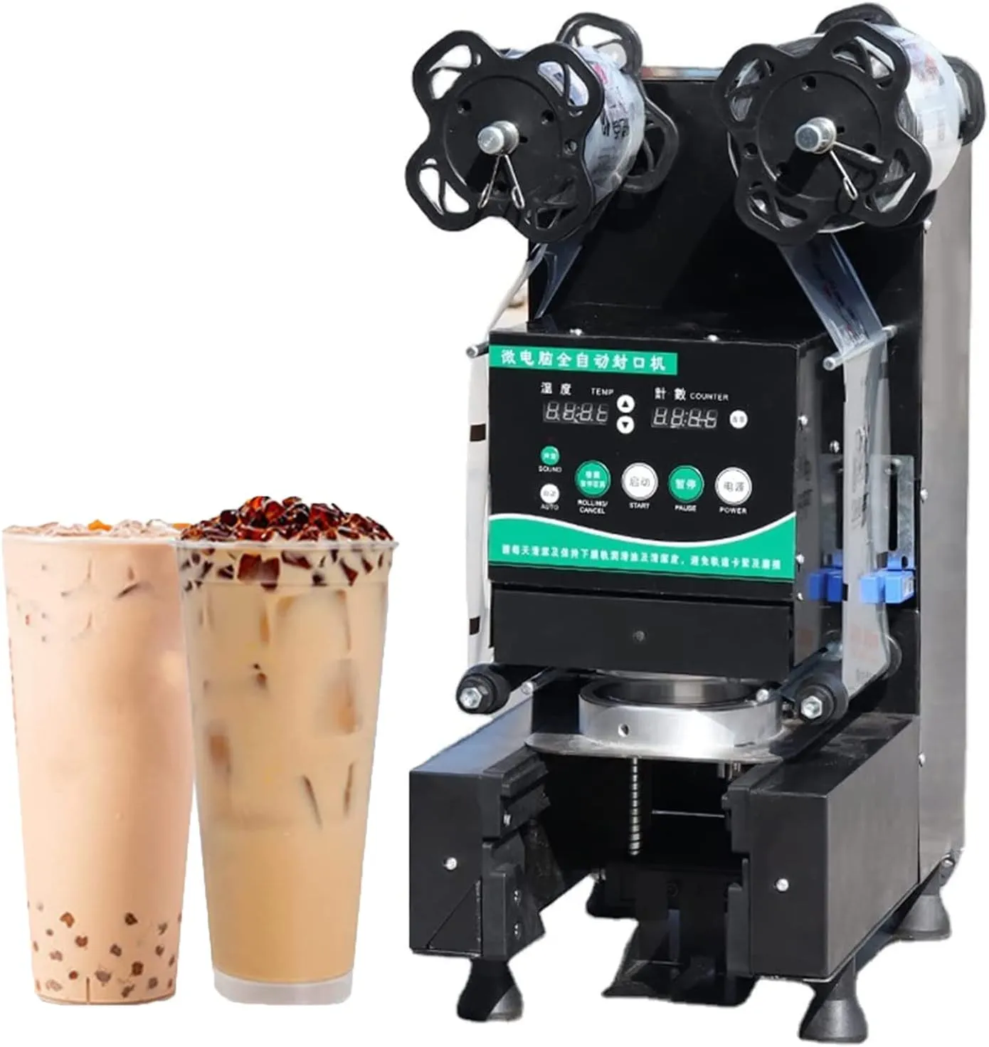Electric automatic cup sealing machine for commercial beverage packaging.