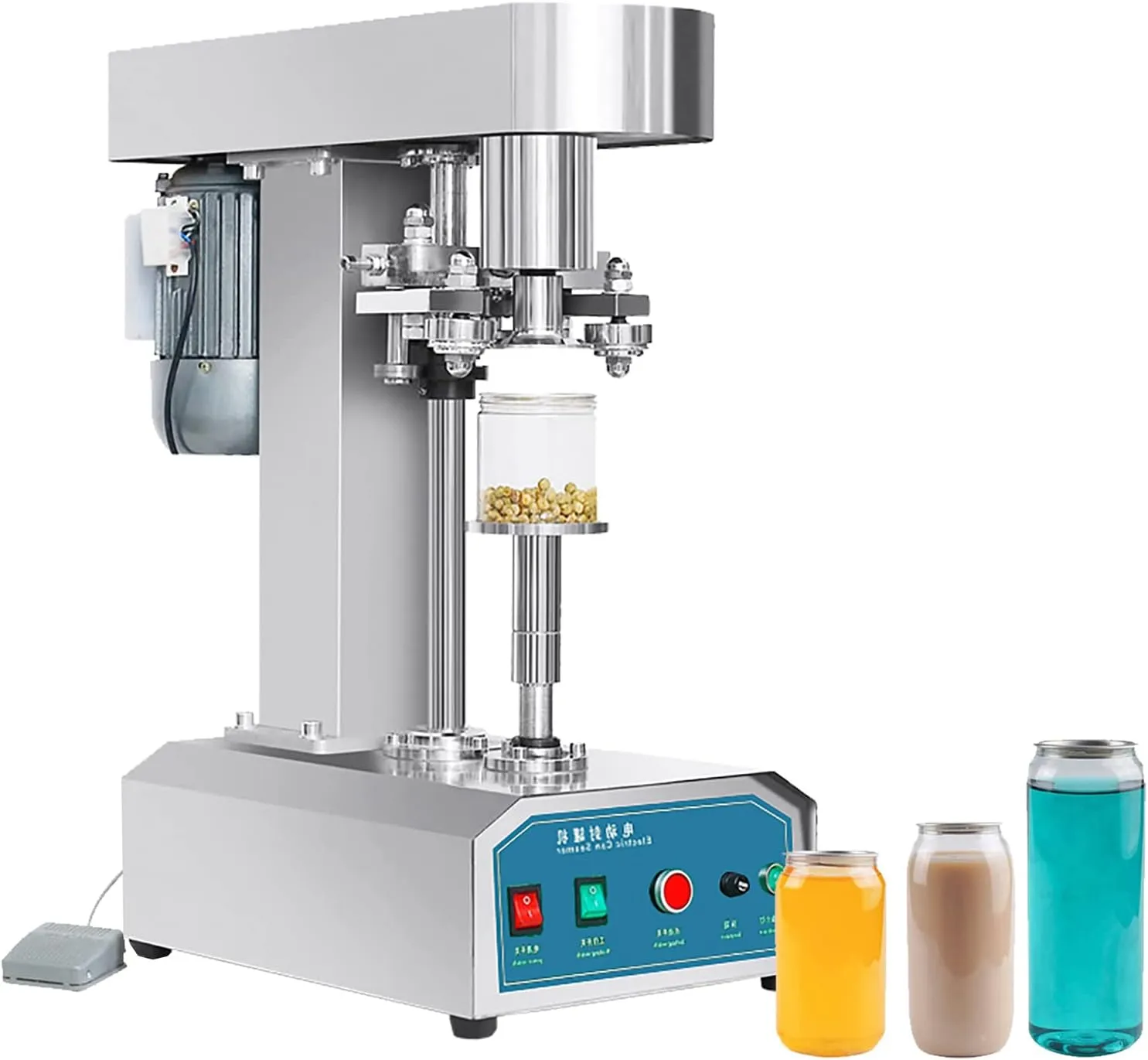 Electric can seamer machine for commercial food and beverage packaging.