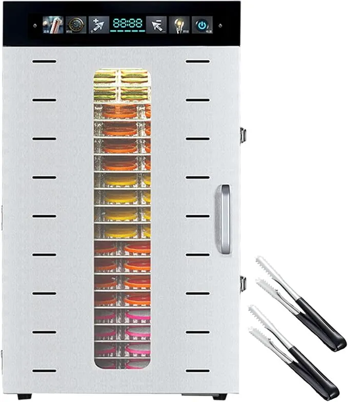 Electric food dehydrator with touchscreen, fruit clips, and adjustable temperature for home use.