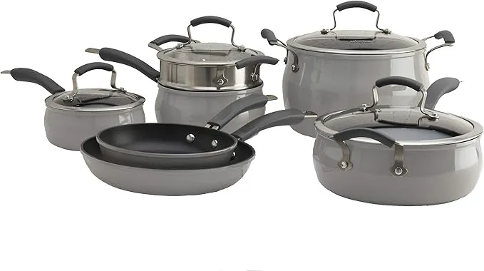 Epicurious 11-piece nonstick cookware set with pots, pans, lids, and drizzle finish.