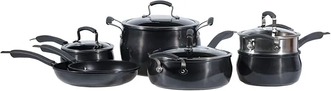 Epicurious 11-piece nonstick aluminum cookware set, dishwasher and oven safe.