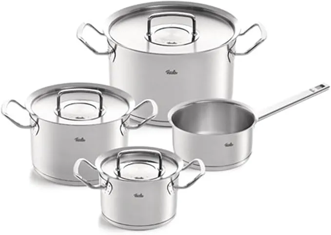 Fissler Original-Profi 4-piece stainless steel cookware set with induction-compatible pots and lids.