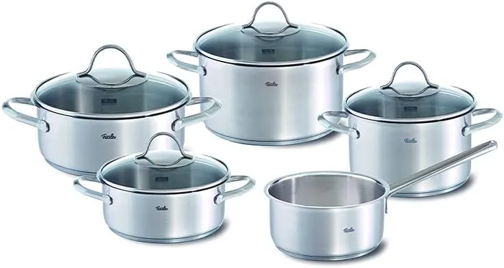 5-piece Fissler Paris stainless steel cookware set with professional pots and pans for even heating.