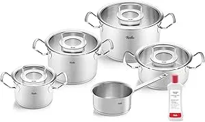Fissler Profi 5-piece stainless steel cookware set with pots, glass lids, and induction-compatible base
