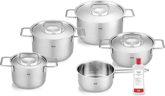 Fissler Pure 6-piece stainless steel saucepan set with lids, induction compatible.