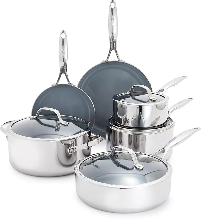 10-piece GreenPan Valencia Pro tri-ply cookware set, healthy nonstick and oven safe.