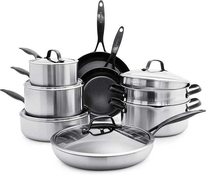 13-piece GreenPan Venice Pro Noir tri-ply cookware set, healthy, nonstick, and oven safe.