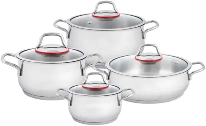 HXSMK 8-piece stainless steel nonstick cookware set with essential kitchen pots and pans.