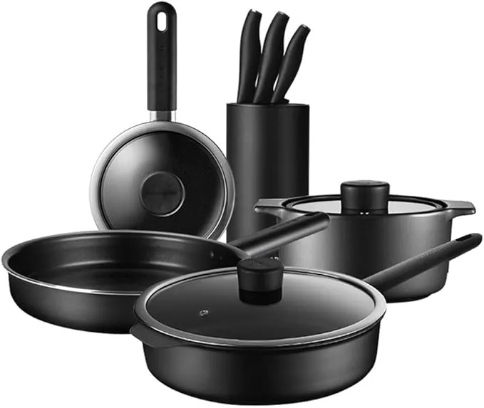 HXSMK nonstick cookware set with pots, frying pans, and saucepan with lids for kitchen use.