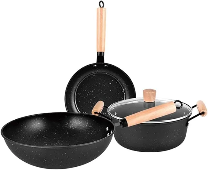 HZGLPX HXSMK 3-piece cookware set with wok, frying pan, and saucepan with lid, Maifan stone nonstick.