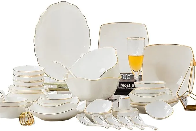 Text: Hand-painted 44-piece bone china bowl set made from ceramic.