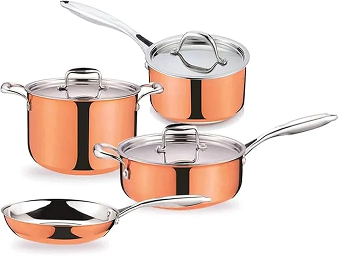 Handmade 3-piece copper nonstick cookware set including frying pan, soup pot, and milk pot.