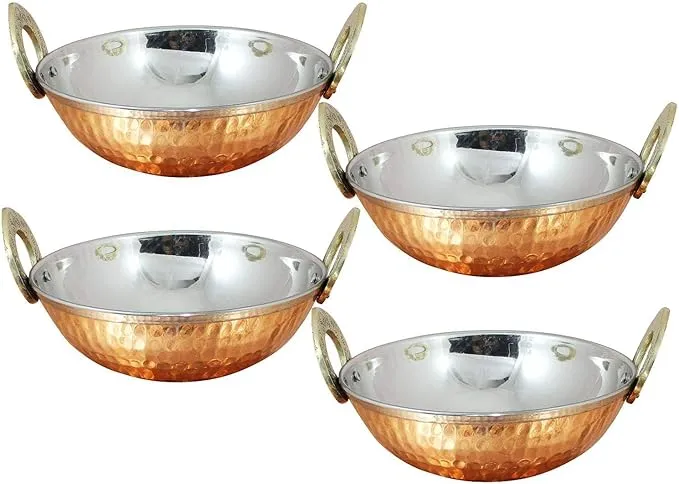 HarLen copper karahi serving bowls with stainless steel finish.