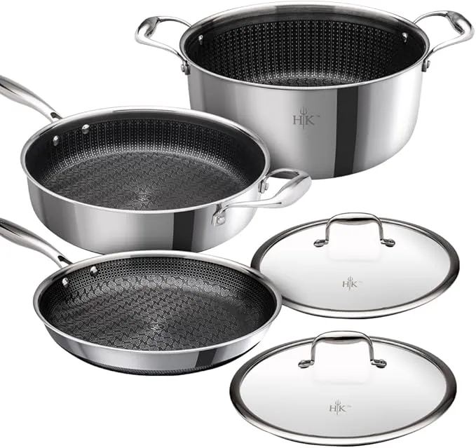 5-piece Hell's Kitchen ceramic hybrid cookware set, PFAS-free, nonstick, oven and dishwasher safe.
