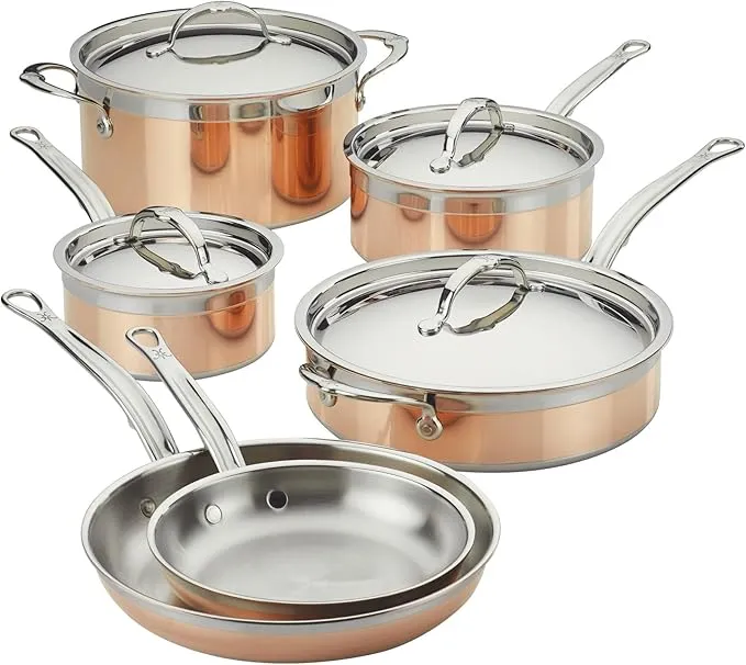 Hestan CopperBond 10-piece pure copper cookware set, induction compatible for kitchen use.
