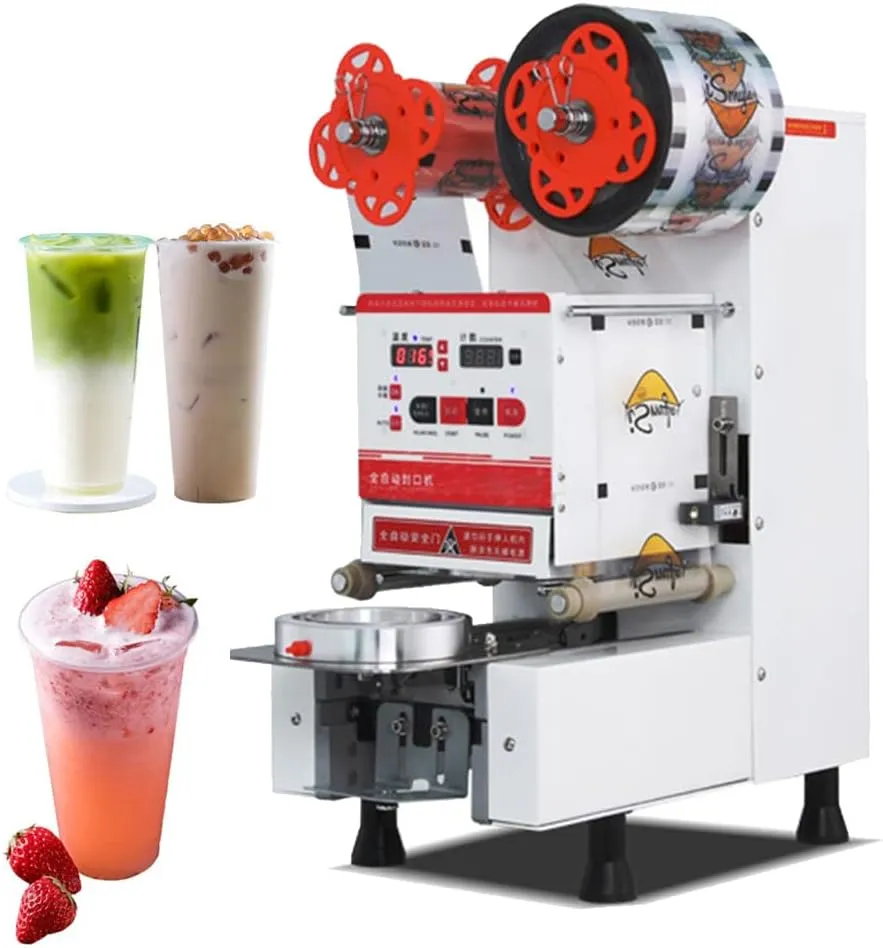 High-speed commercial electric cup sealing machine for efficient beverage packaging.