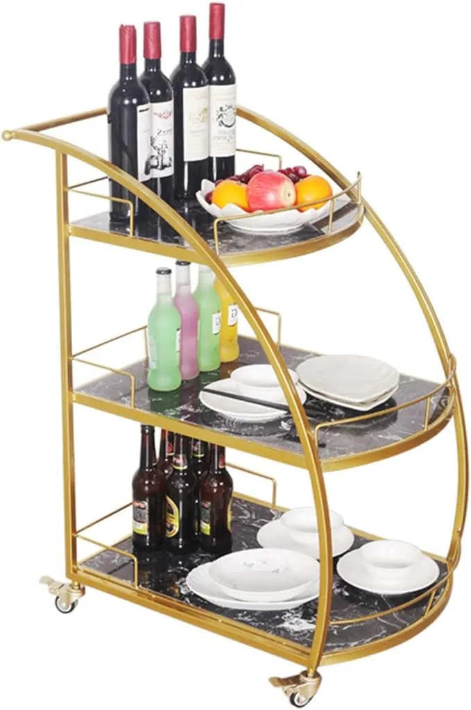 Home bar cart with rolling wine storage, lockable wheels, and metal-marble design.
