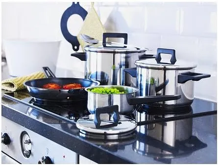 IKEA SNITSIG 7-piece stainless steel cookware set with pots, pans and glass lids for home kitchen