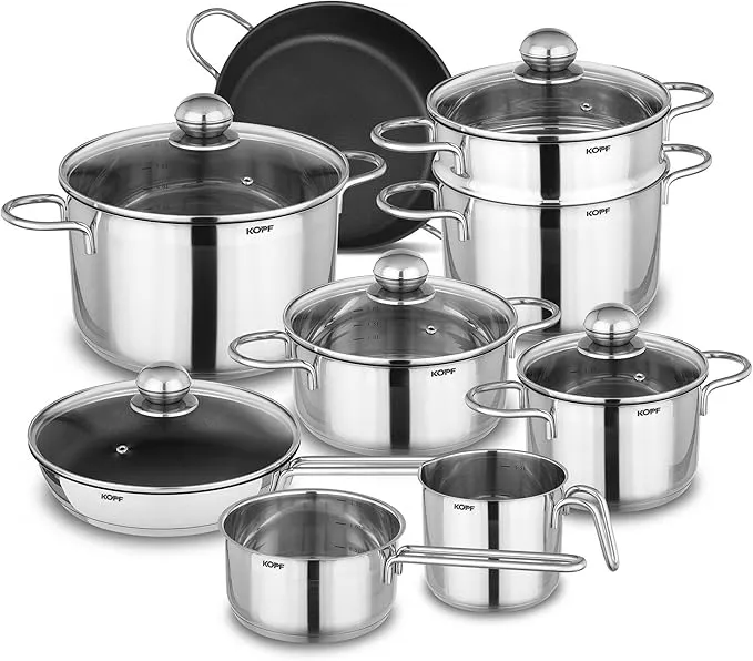 14-piece Kopf Josie stainless steel induction cookware set with glass lids and measurement scale.