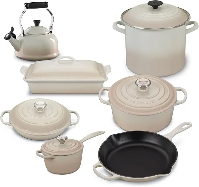 12-piece Le Creuset French Countryside cast iron cookware set in meringue, premium kitchen essentials.