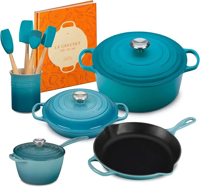 Le Creuset 13-piece Newlywed cast iron cookware set in Caribbean color.