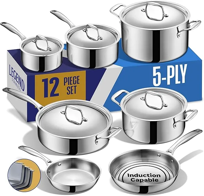 14-piece Legend 5-ply heavy-duty stainless steel cookware set, induction and oven safe.