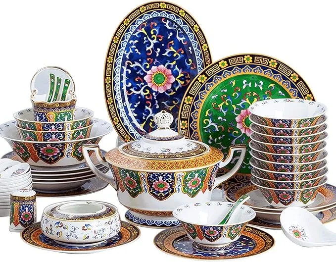 Luxury 50-piece bone china tableware set including plates and bowls.