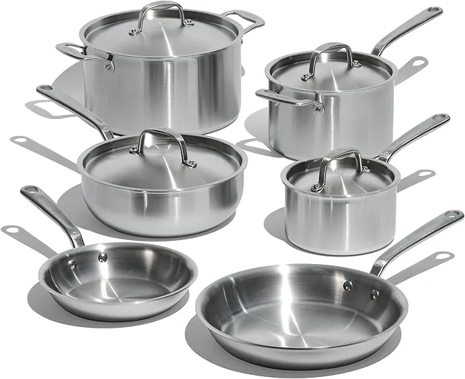 Made In Cookware 10-piece 5-ply stainless steel set including frying pans, saucepans, and a stock pot.