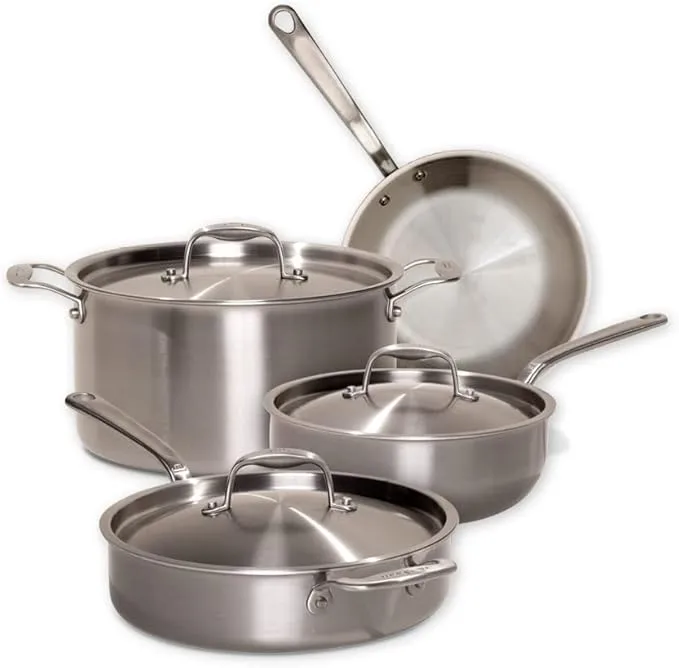 7-piece Made In Cookware 5-ply stainless steel set including fry pan, saucepan, and stock pot.
