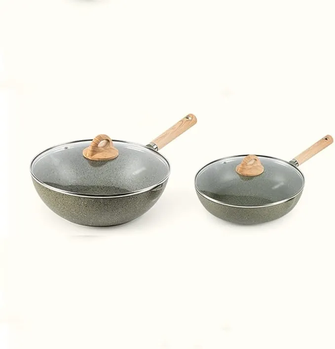Maifan stone nonstick cookware set including wok and frying pan.