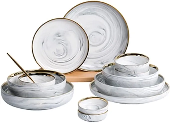 Marble ceramic dinnerware set for 6 people, including plates and dishes.