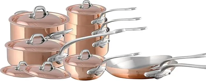 Mauviel 150 S 14-piece polished copper and stainless steel cookware set, durable and premium, made in France.
