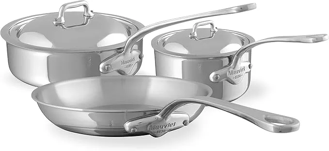5-piece Mauviel M'Cook stainless steel cookware set with copper base.