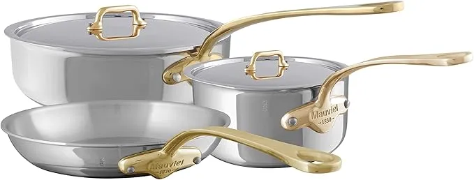 5-piece Mauviel M'Cook 5-ply stainless steel cookware set with bronze handles from France.