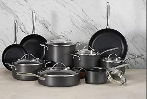 15-piece Member’s Mark hard-anodized aluminum cookware set, including 7 essential kitchen tools.
