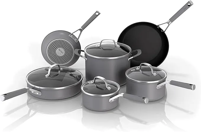 10-piece Ninja NeverStick hard-anodized cookware set with durable nonstick pots and pans, oven safe.