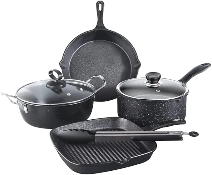Nonstick cooking pots and frying pans set, including household saucepans and steak pans for kitchen use.