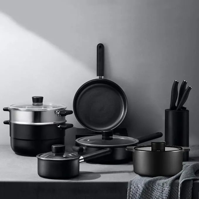 HXSMK nonstick kitchen cookware set with pots, pans, and accessories.HXSMK nonstick kitchen cookware set with pots, pans, and accessories.