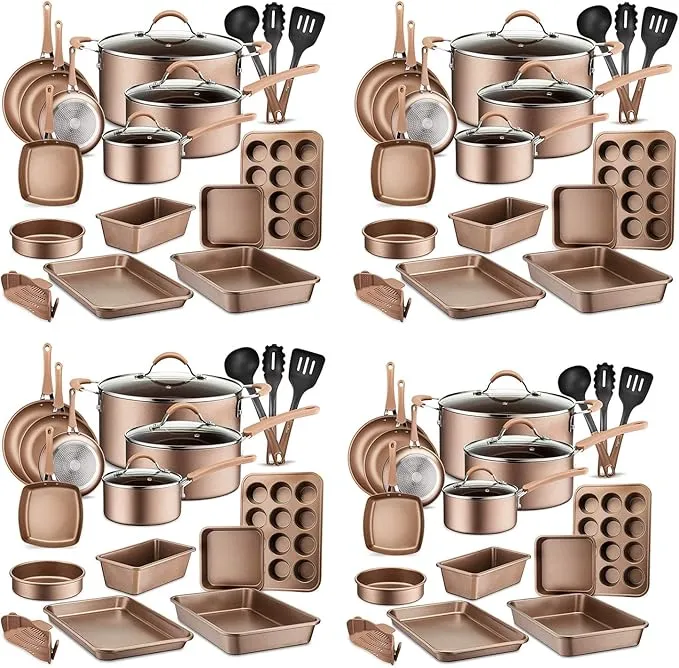 NutriChef 20-piece nonstick ceramic cookware set with pots, pans, lids, and utensils.