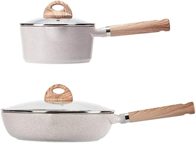 6-piece PURRL nonstick cookware set including frying pan, wok, and saucepan, induction compatible.