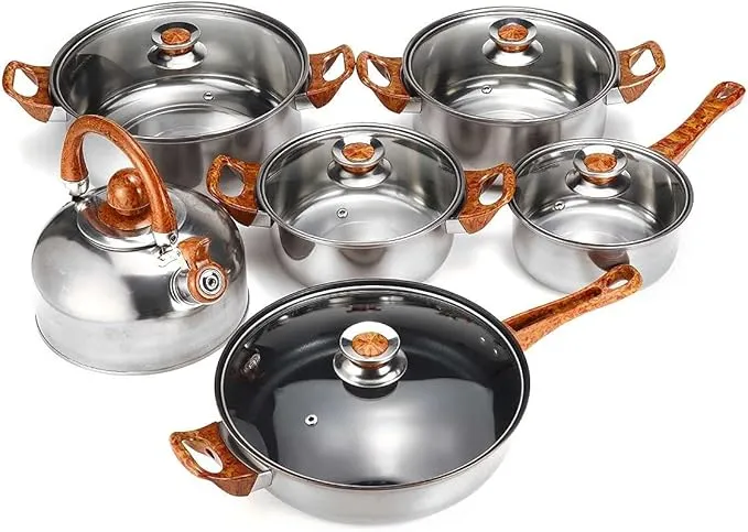 Premium 10-piece stainless steel cookware set including pots, pans, and saucepans.