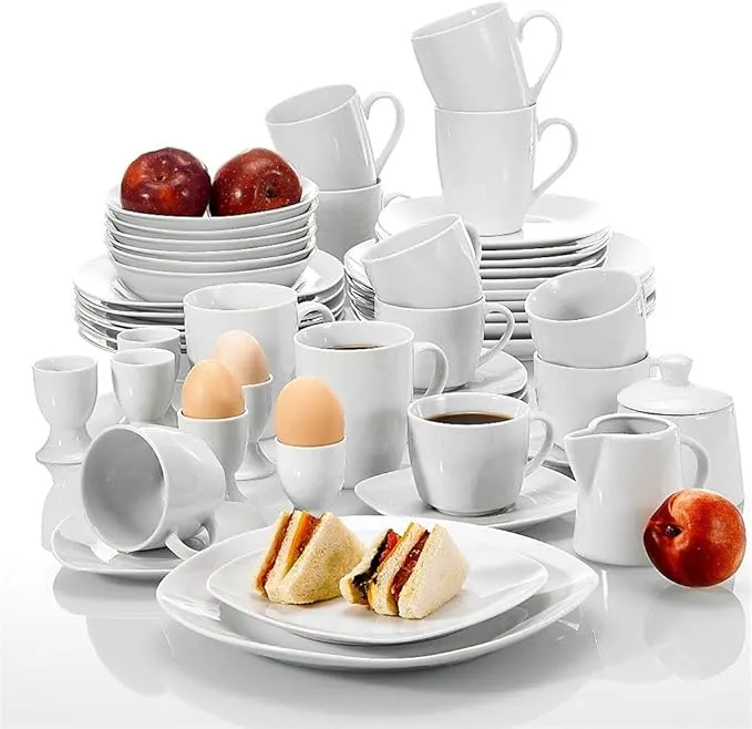 50-piece dinnerware set with plates, bowls, and cups.