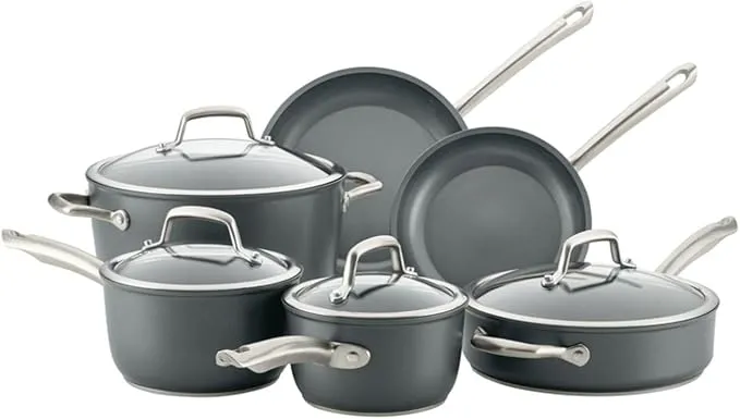 10-piece Anolon Accolade hard-anodized cookware set with Moonstone nonstick pots and pans.