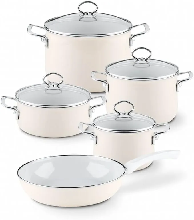 RIESS Novelle Avorio 5-Piece Enamel Cookware Set – 4 Pots & Frying Pan