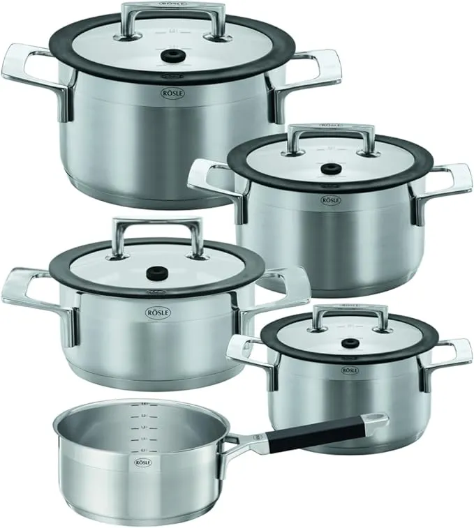 RÖSLE 5-piece stainless steel cookware set with pots featuring silicone handles, Silence Series.