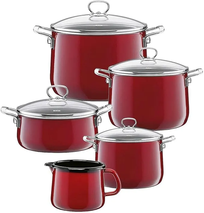 5‑Piece RIESS Nouvelle Rosso Enamel Cookware Set – Pots & Casserole with Glass Lids